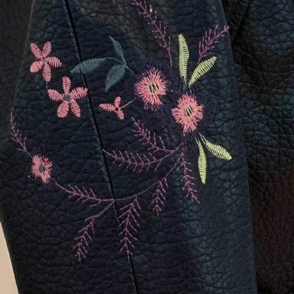 BB Dakota Black Floral Embroidered Moto Faux Leather Jacket - Picture 6 of 13